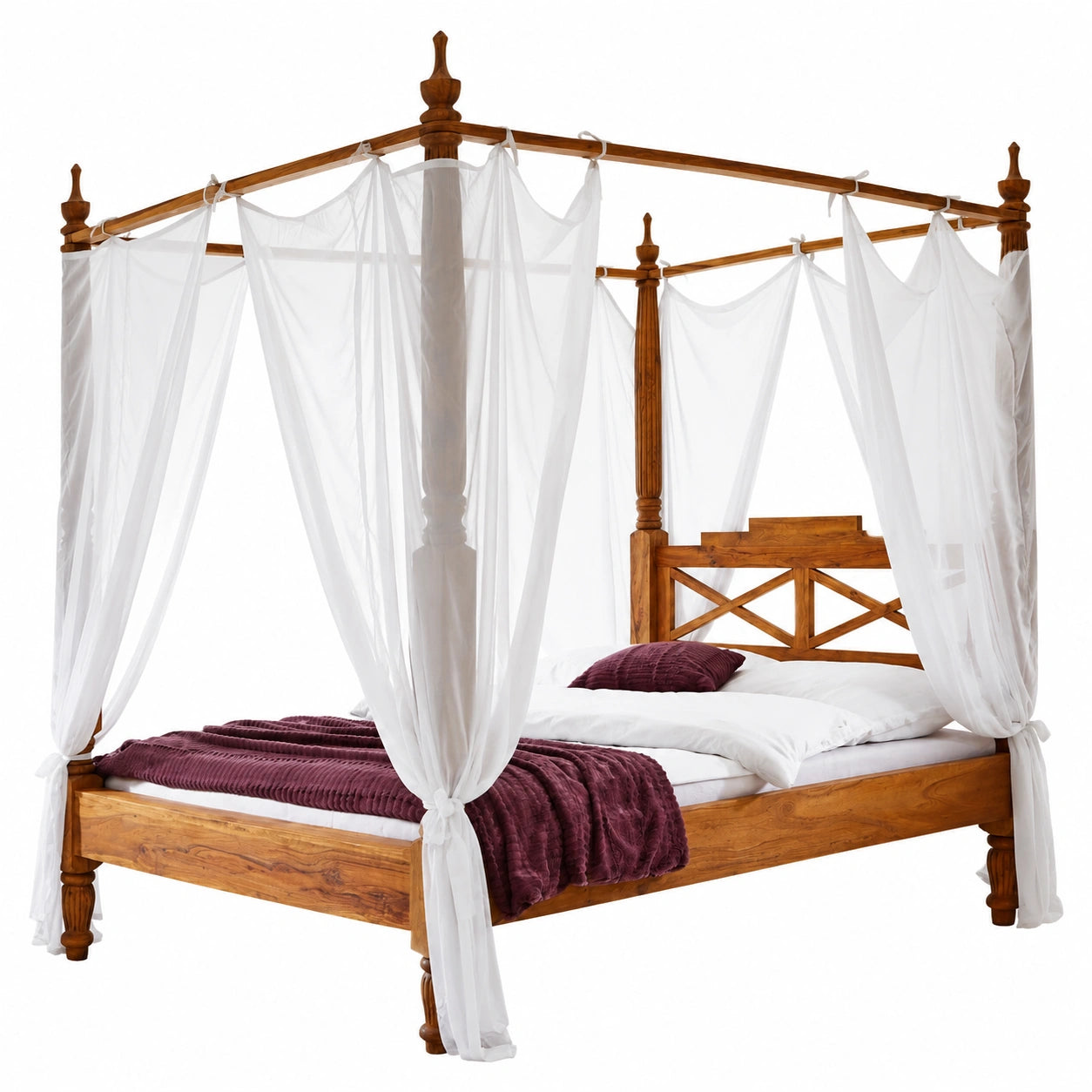 Himmelbett aus massivem Sheeshamholz 140x200 cm, geölt, Naturbraun