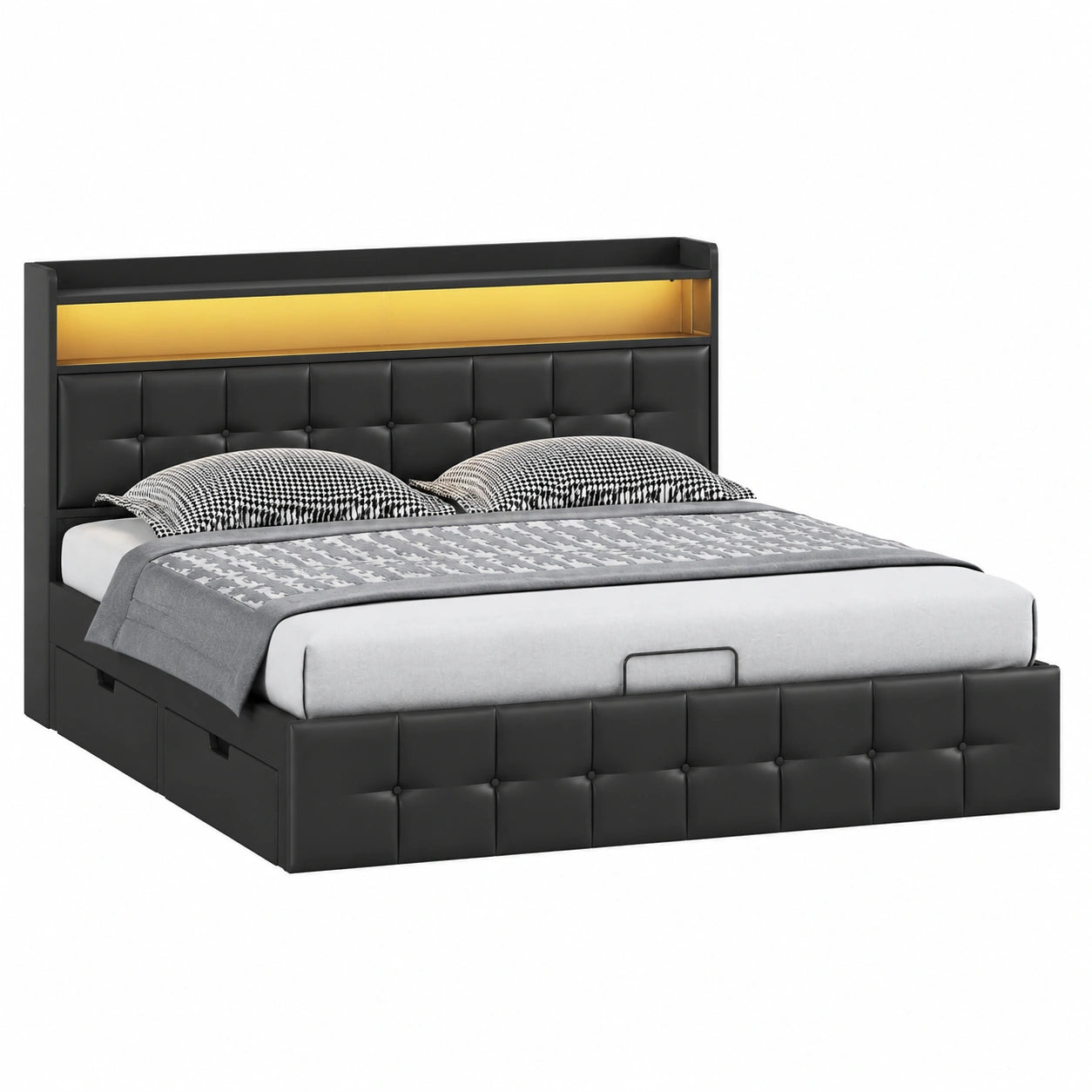 KeepGoon Polsterbett 140x200 cm mit Stauraum, LED-Beleuchtung und USB-Anschluss, Funktionsbett aus schwarzem Leder