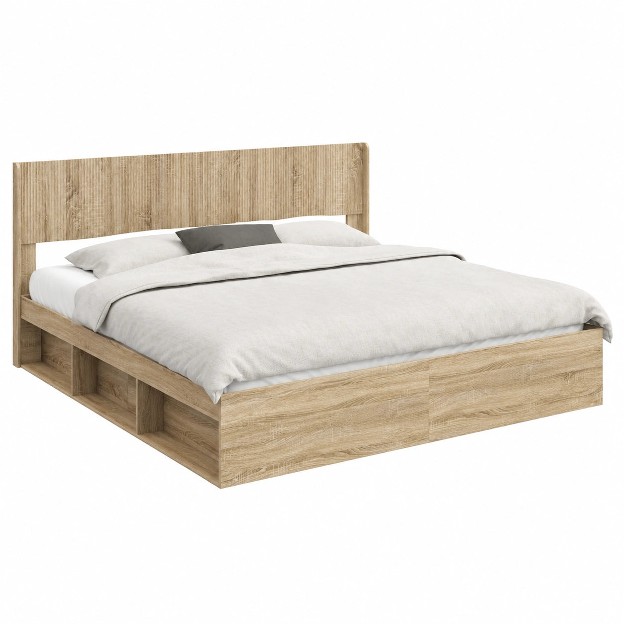 Doppelbett 180x200 cm mit Stauraum und Kopfteil aus Sonoma-Eiche, Stabiles Holzwerkstoff-Bettgestell