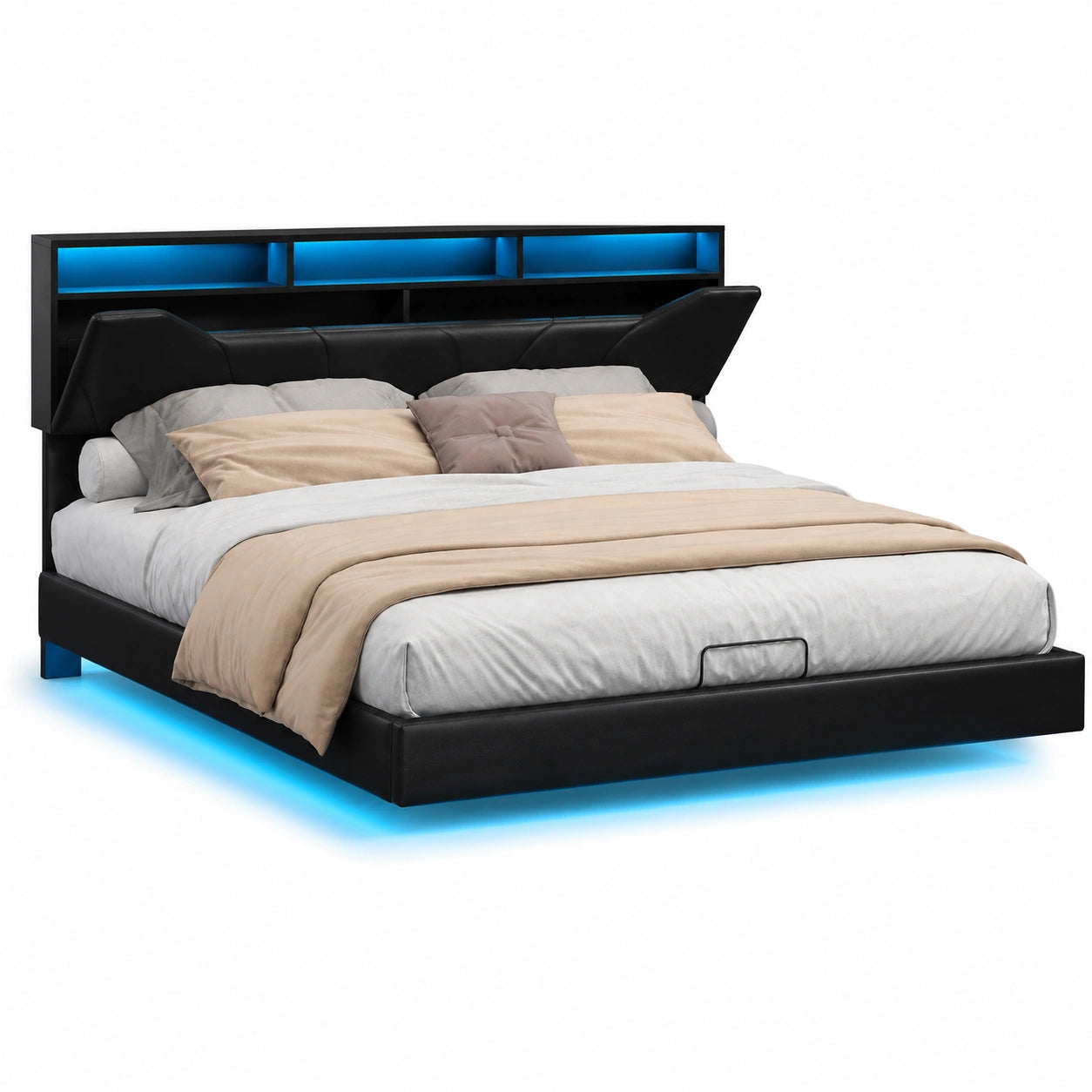 Modernes LED-Polsterbett 140x200 mit Stauraum und USB-C Ladeanschluss, Verstellbares Kopfteil, Schwarzes Design