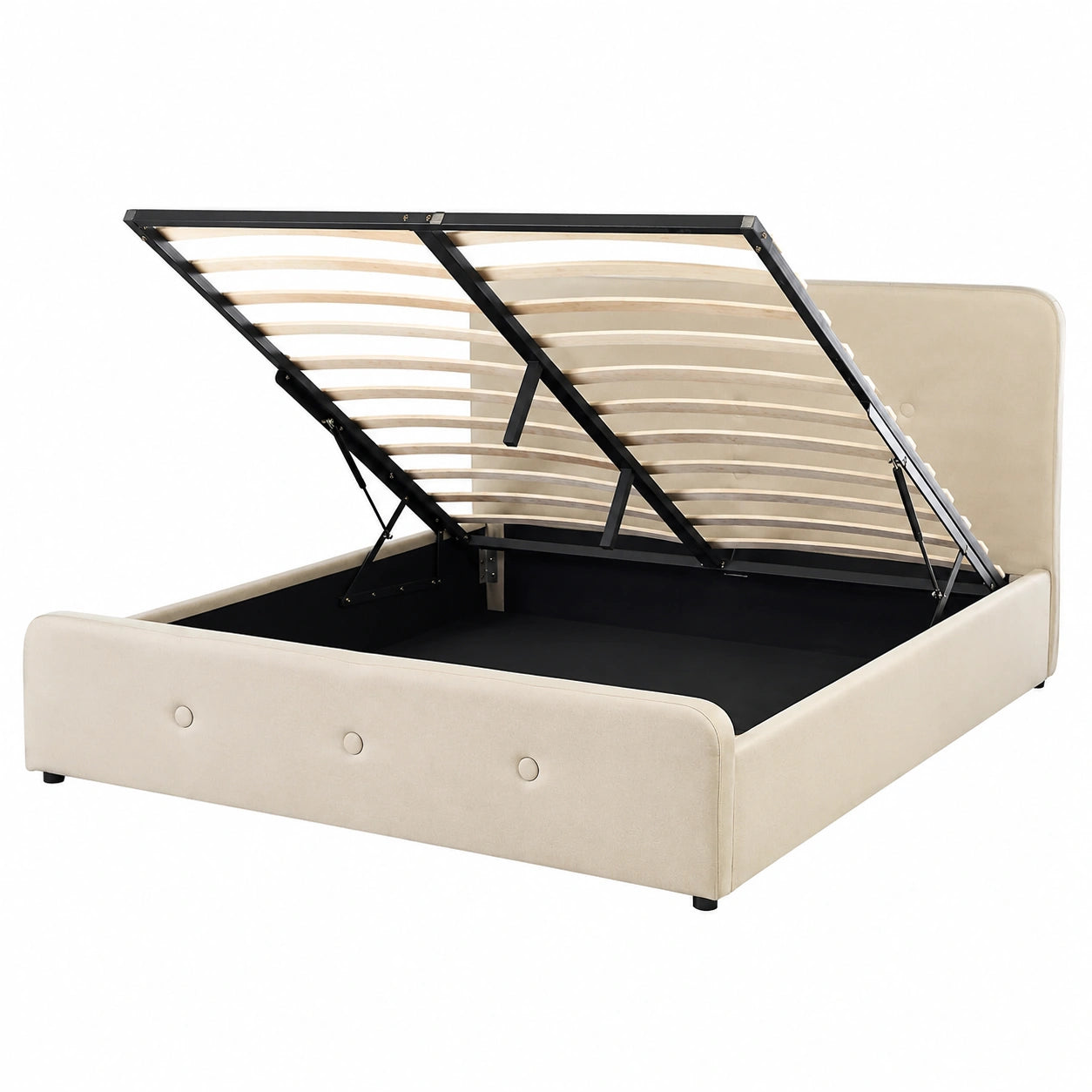 Retro Doppelbett 180x200 cm mit Stauraum, Polsterbezug, Holzfüße, Beige - Modell Rennes