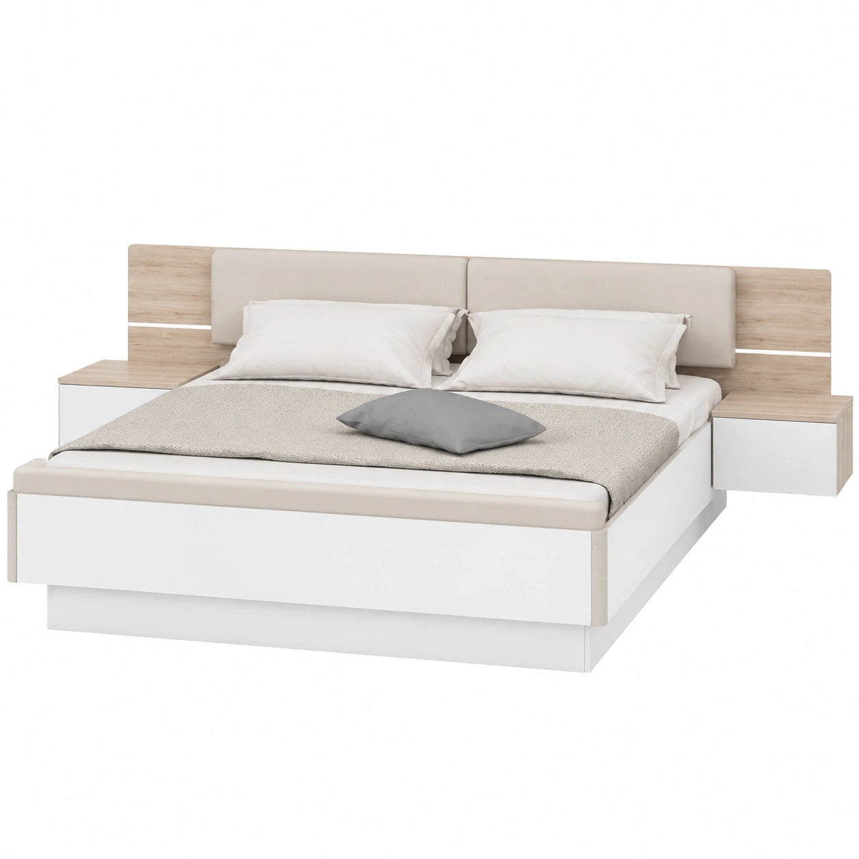 Modernes Doppelbett RONDINO mit Nachtkommoden und Stauraum, Sandeiche/Weiße Hochglanzoberfläche