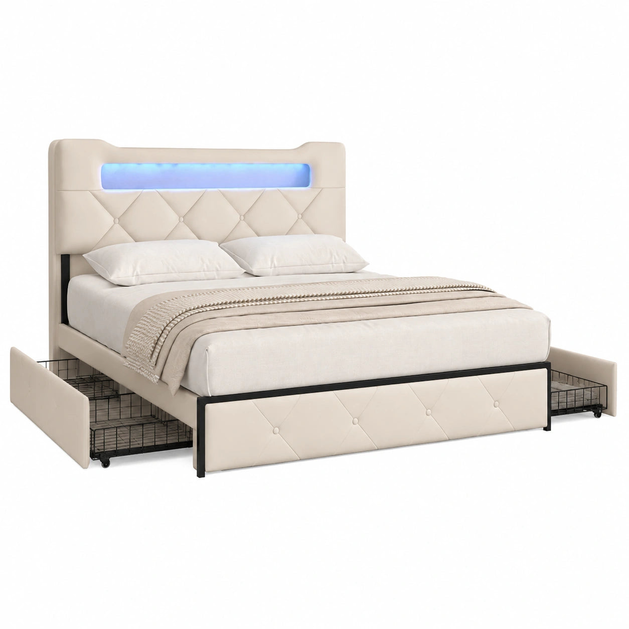 Modernes Polsterbett 140x190 cm mit USB und LED, Stauraum-Schubladen, Kopfteil mit Storage, robustes Holzlattenrost