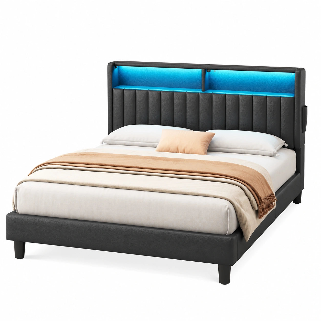 Rolanstar LED-Metallbett 90x200 cm mit USB-Ladestation, Polsterkopfteil und Regalen, inkl. Seitentaschen für Schlafzimmer