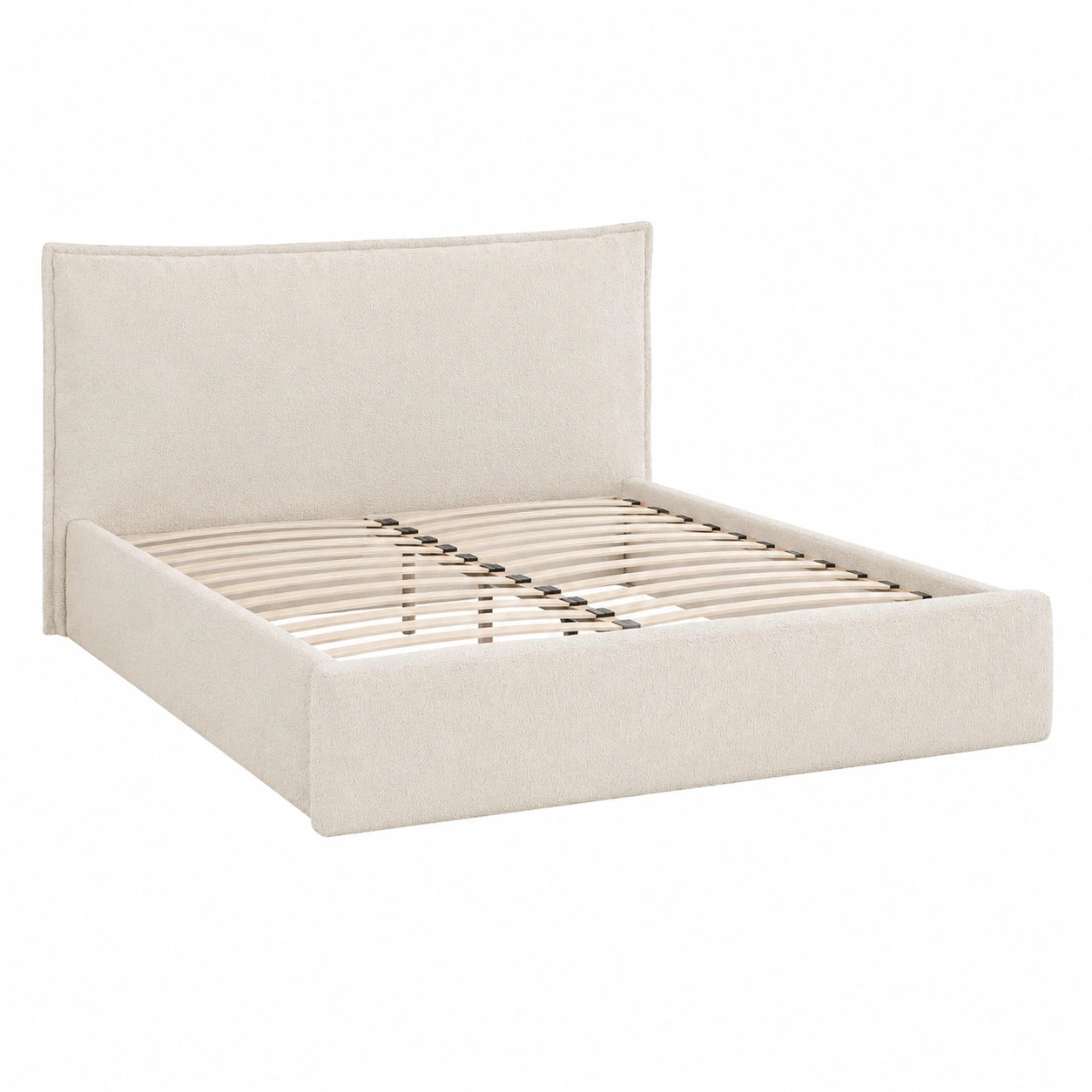 MOTIVENA Polsterbett 200x200 cm Beige Bouclé mit Stauraum, Kopfteil und Lattenrost