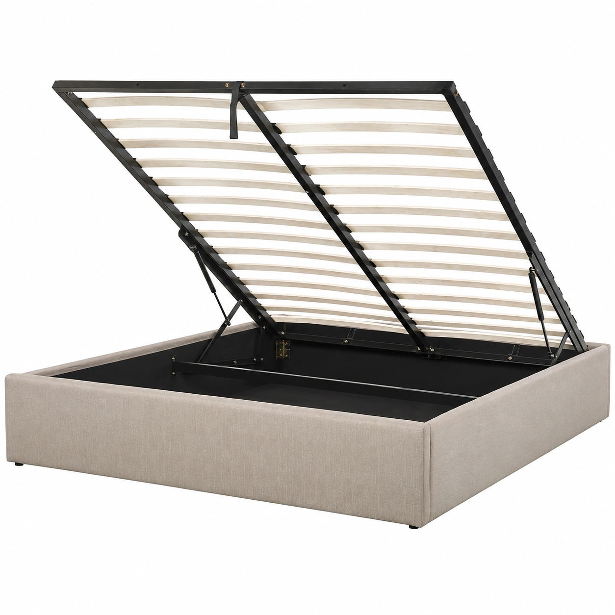 Hellbraunes Polsterbett Dinan mit Stauraum und klappbarem Lattenrost 160x200 cm