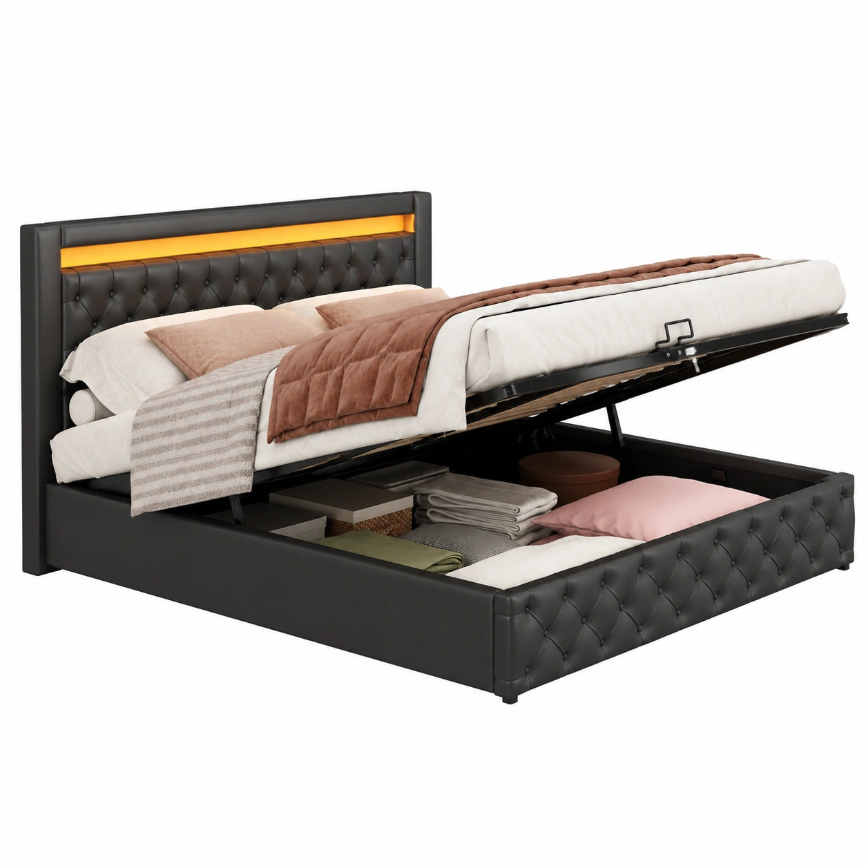 Elegantes Polsterbett 180x200 cm mit LED, Stauraum und Lattenrost, Schwarz