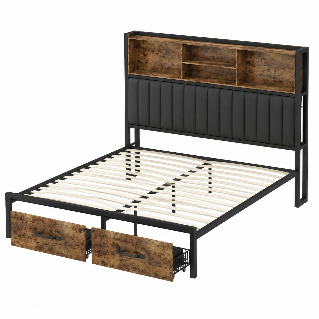 Metallbett 160x200 cm mit LED und Schubladen, Vintage Braun/Schwarz