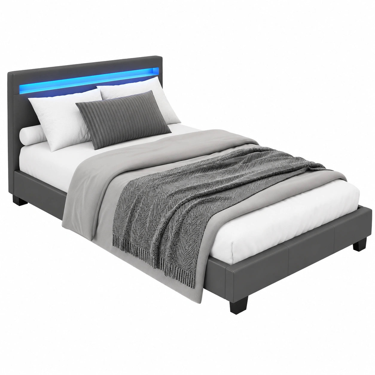 Juskys Einzelbett 90x200 cm Grau mit LED, Matratze & Lattenrost
