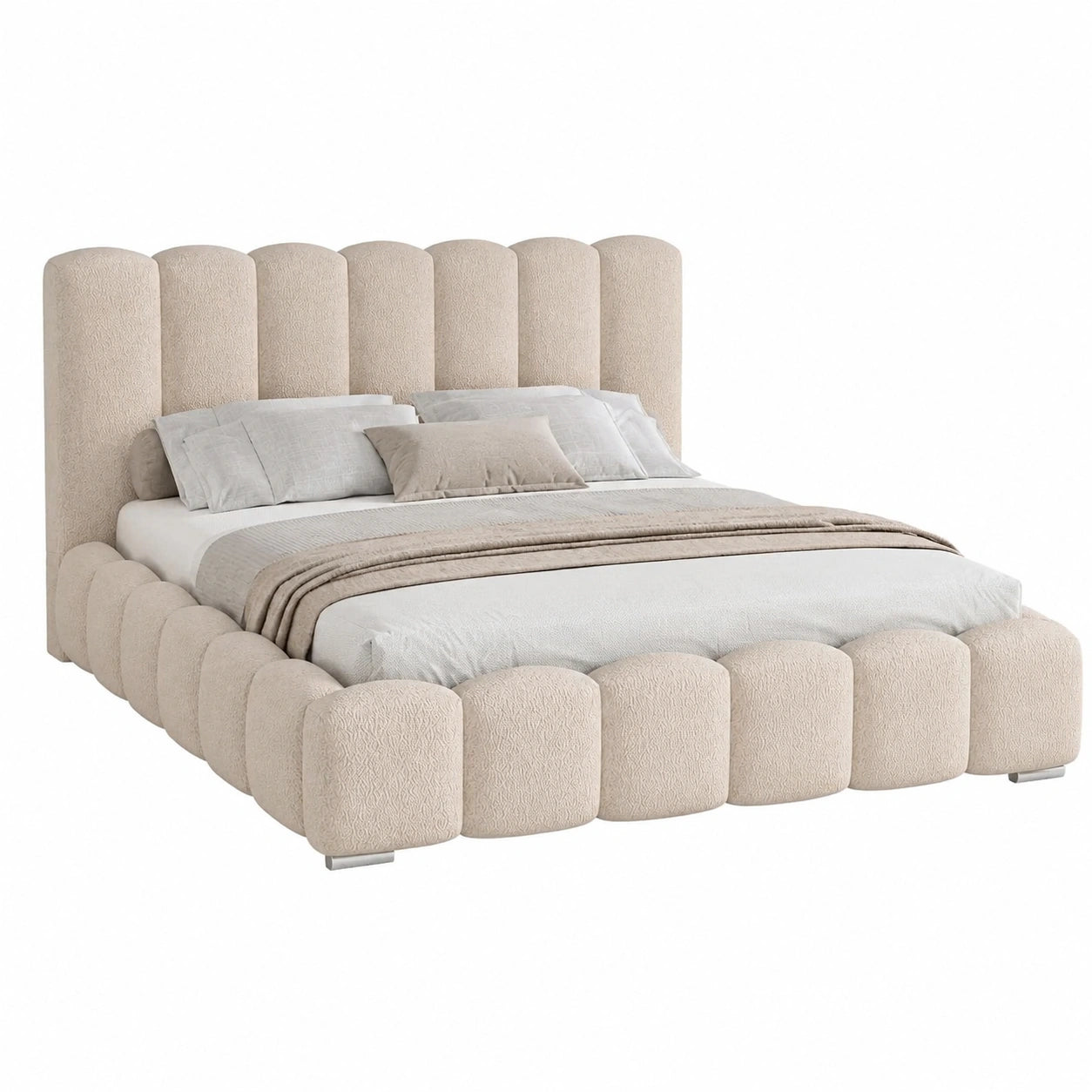 MOTIVENA Polsterbett 200x200 Beige Boucle mit Stauraum und Kopfteil, Inklusive Lattenrost und Matratze