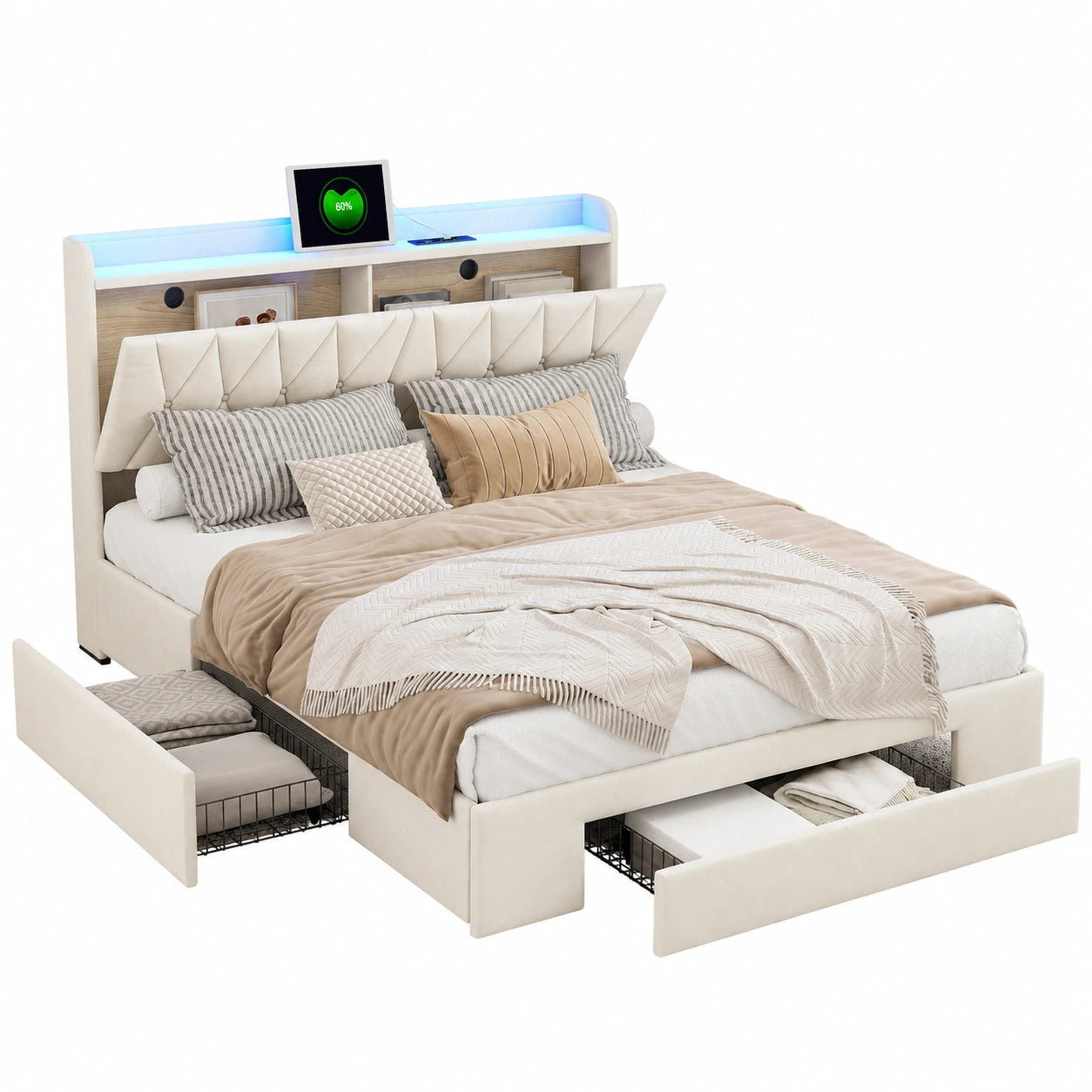 Samt-Polsterbett 160x200 cm mit LED-Leiste & USB-Anschluss, Bett mit Stauraum, 3 Schubladen und Kopfstütze, Doppelbett ohne Matratze