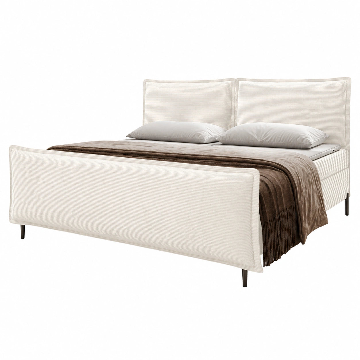 Großes Familien-Boxspringbett 220x200 cm aus Cordstoff, Creme, mit Bettkasten und Matratze