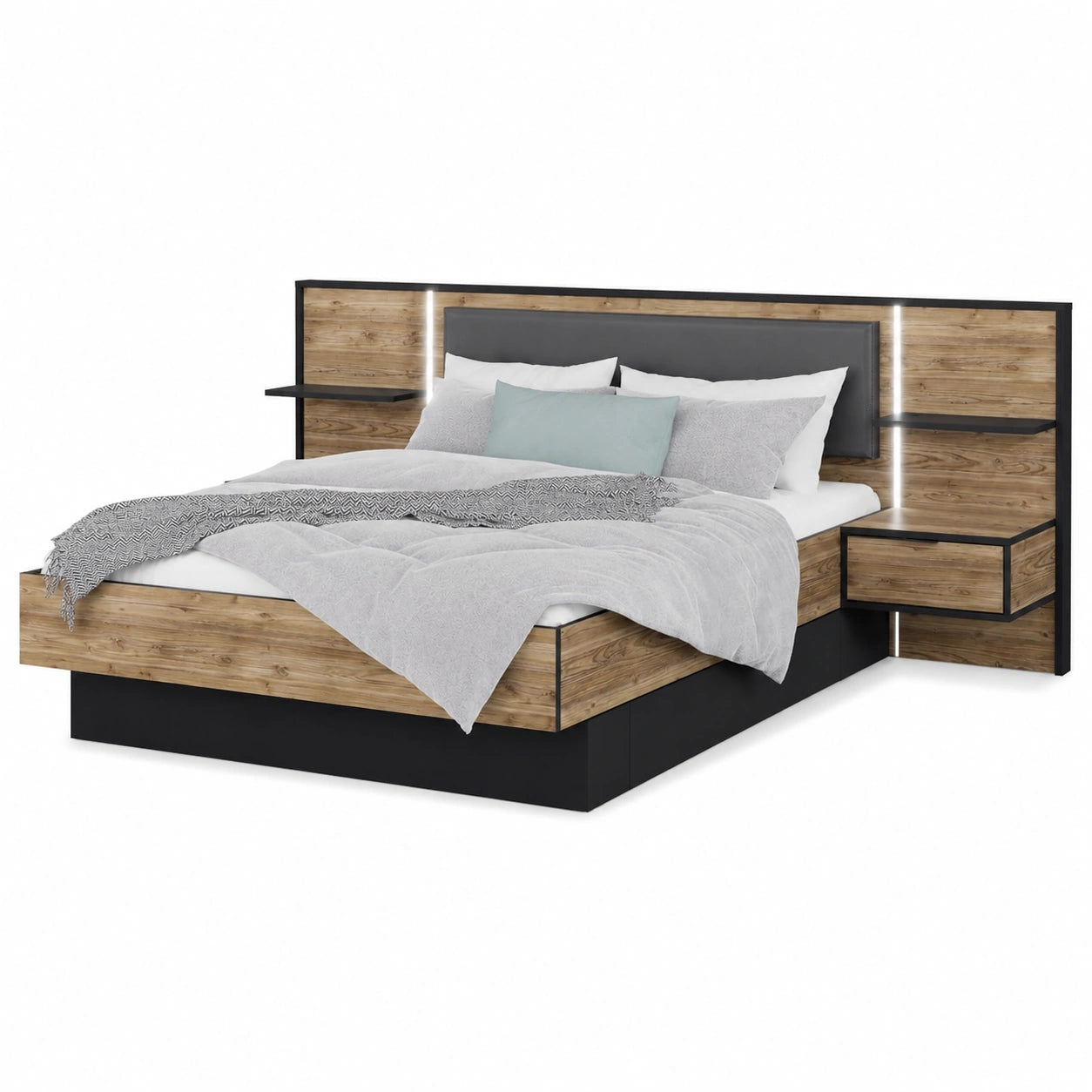 Modernes Doppelbett JABIM mit Nachtkommoden und Schubladen, Holzdekor Alpenfichte, Schwarz, 299,5 x 107,8 x 208,7 cm
