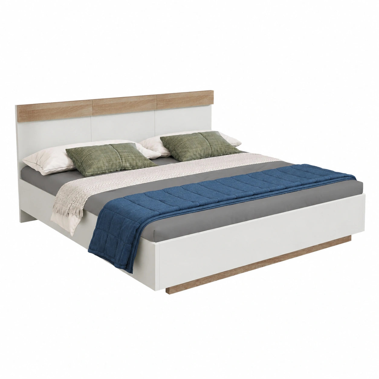 Modernes Doppelbett aus Holz mit Kopfteil, 180x200 cm, inkl. Lattenrost, Futon-Stil, Schlafzimmermöbel in Weiß und Eiche Sonoma