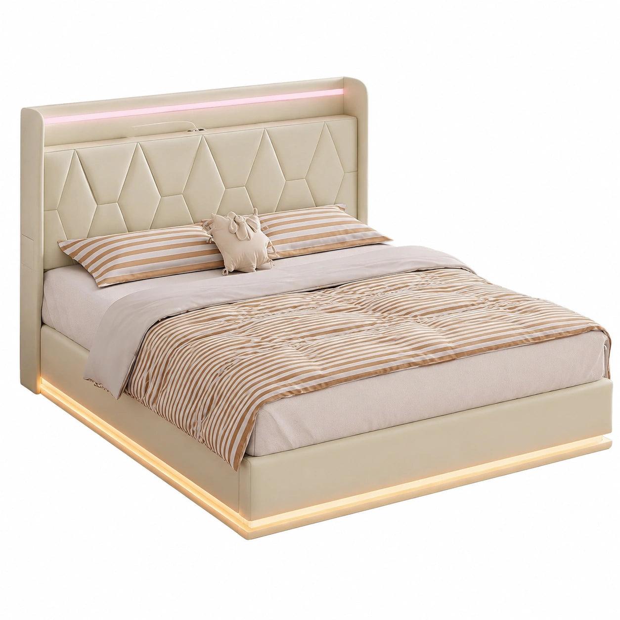 Luxuriöses Polsterbett 160x200 cm mit LED und Stauraum in Weiß
