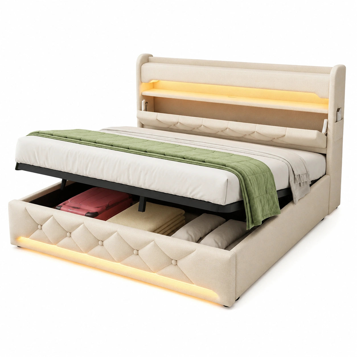 Boxspringbett 180x200 mit USB-Anschlüssen und LED-Beleuchtung, Stauraum und Kopfteil in Beige